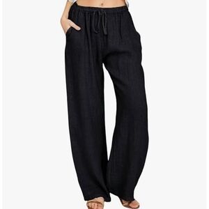 Chartou | Women's Black Linen Blend Drawstring Palazzo Pants (Size 2XL)